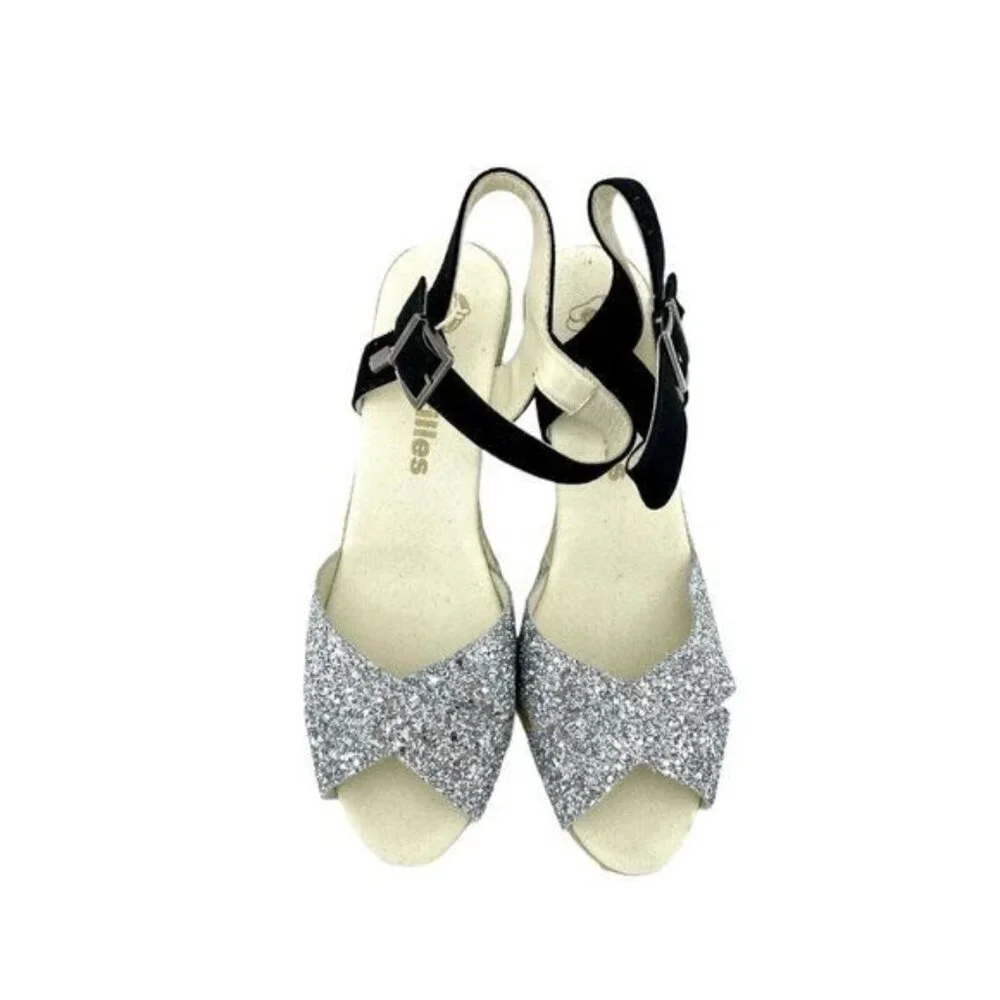 ESPADRILLES Boem Wedge Sandals Silver Glitter Black Suede Sz 42 US 11.5 US NIB